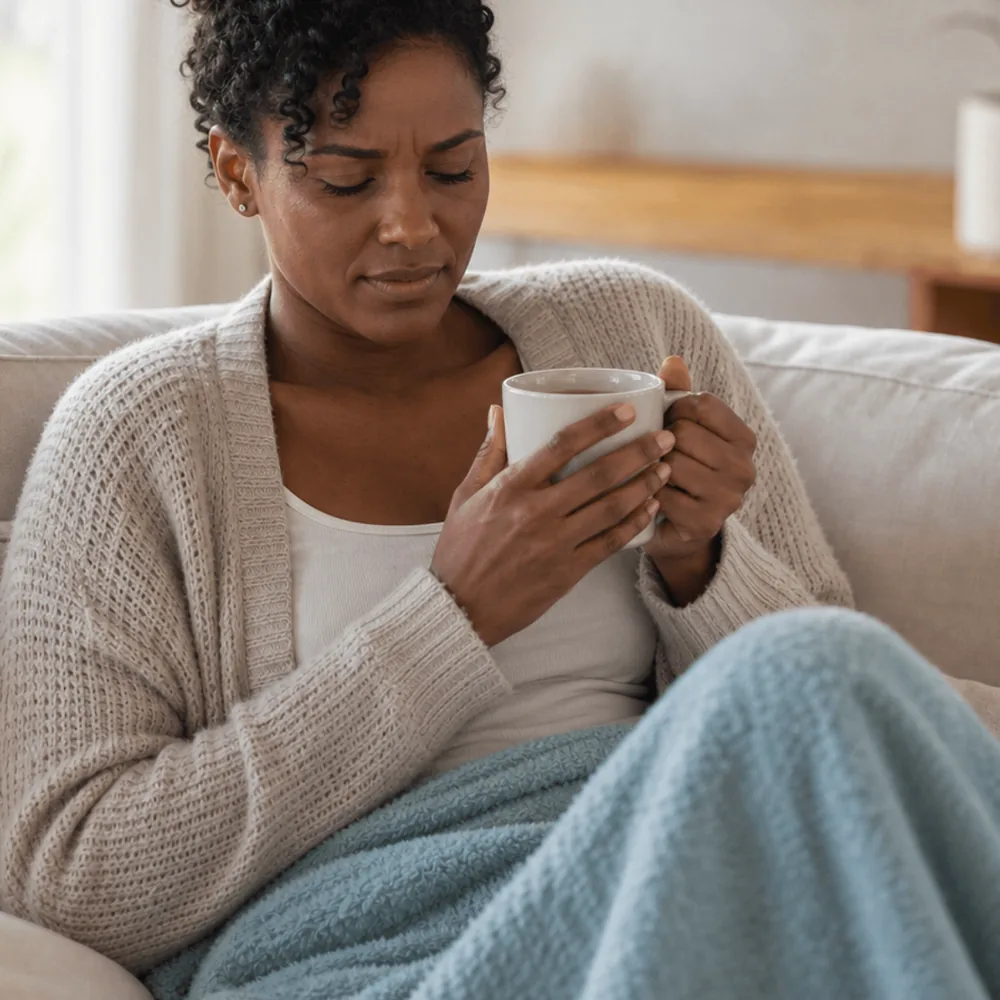 Woman resting at home holding a warm drink